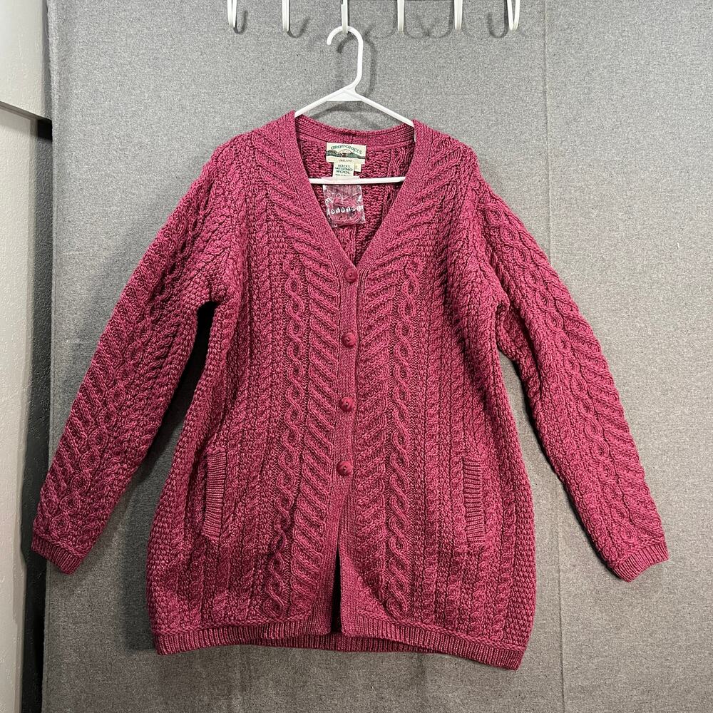 Aran Craft Merino Wool Women's Sweater Size L Button Front Cardigan Berry